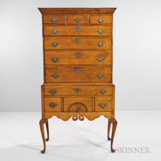 Appraisal: Carved Maple and Tiger Maple High Chest of Drawers attributed