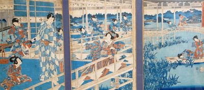 Appraisal: A Japanese woodblock print triptych by Yoshitora depicting scenes from