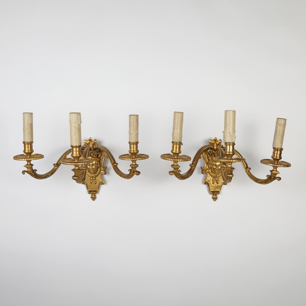 Appraisal: Pair of Louis XIV Style Gilt-Metal Three-Light Sconces Each cartouche-shaped