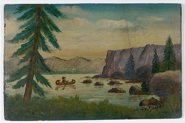 Appraisal: FOLK PAINTING OF CANOE ON LAKE SCENE American Northeastern ca