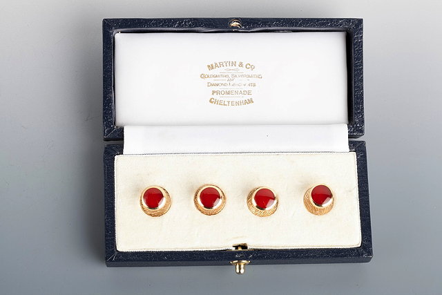 Appraisal: A CASED SET OF FOUR CT GOLD CORNELIAN SET SHIRT