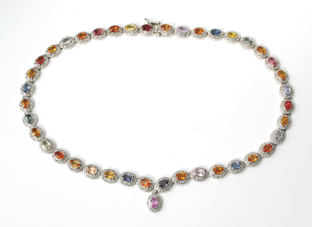 Appraisal: MULTI-COLOR SAPPHIRE NECKLACE k white gold with pave' set diamonds