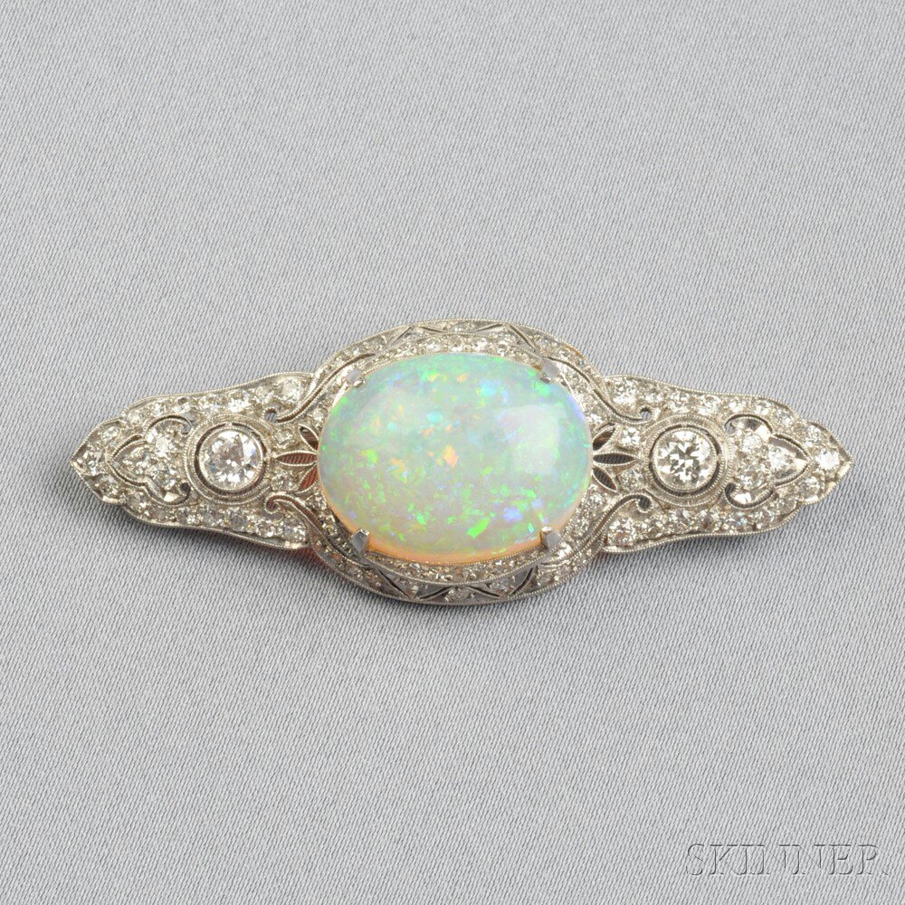 Appraisal: Platinum Opal and Diamond Brooch set with a cabochon opal