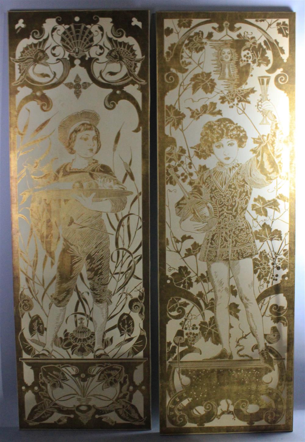 Appraisal: TWO CONTEMPORARY ARTS AND CRAFTS STYLE TALL FIGURALGOLD STENCILED DECORATIVE