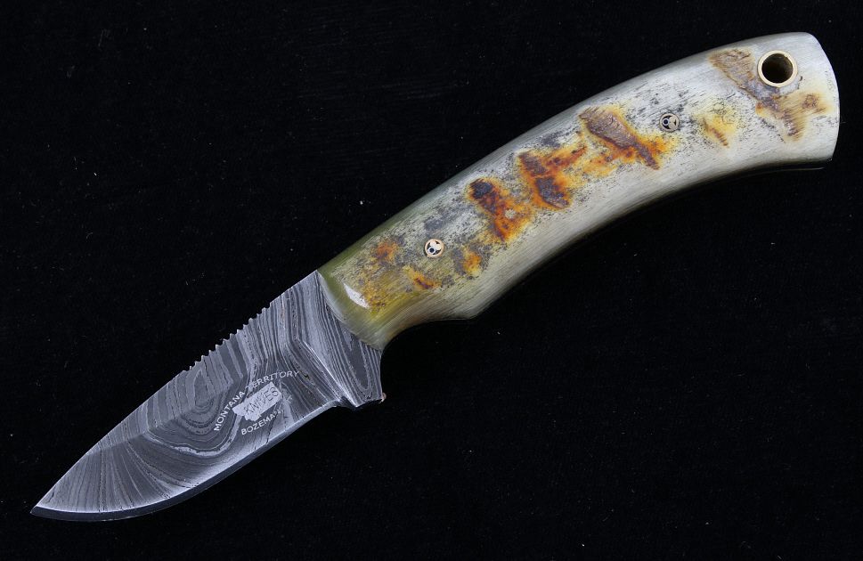 Appraisal: M T Knives of Bozeman Rams Horn Damascus Knife This