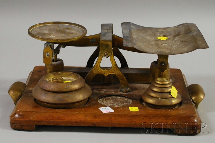 Appraisal: English Brass and Mahogany Counter Scale with Weights early th