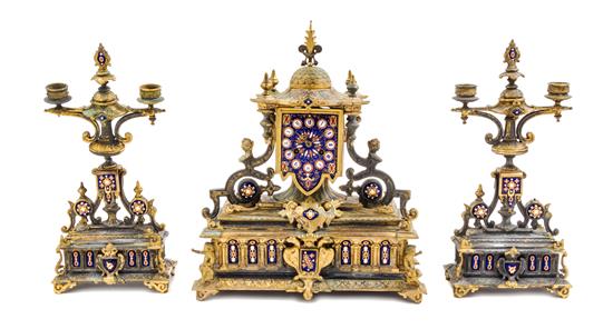 Appraisal: Sale Lot A French Gilt Metal and Enamel Clock Garniture