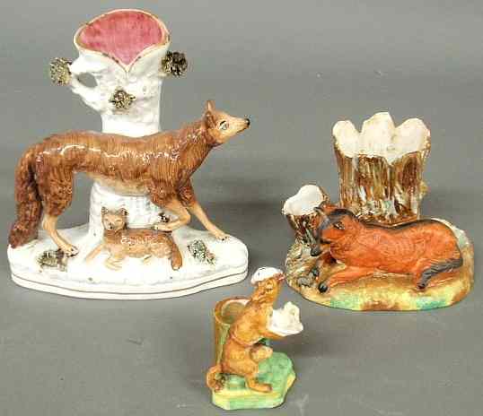 Appraisal: Porcelain fox-form toothpick holder h Staffordshire porcelain spill vase of