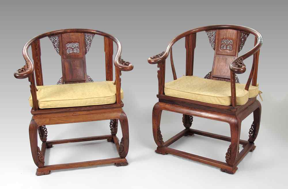 Appraisal: PAIR CHINESE HORSESHOE CHAIRS With custom cushions approx '' x