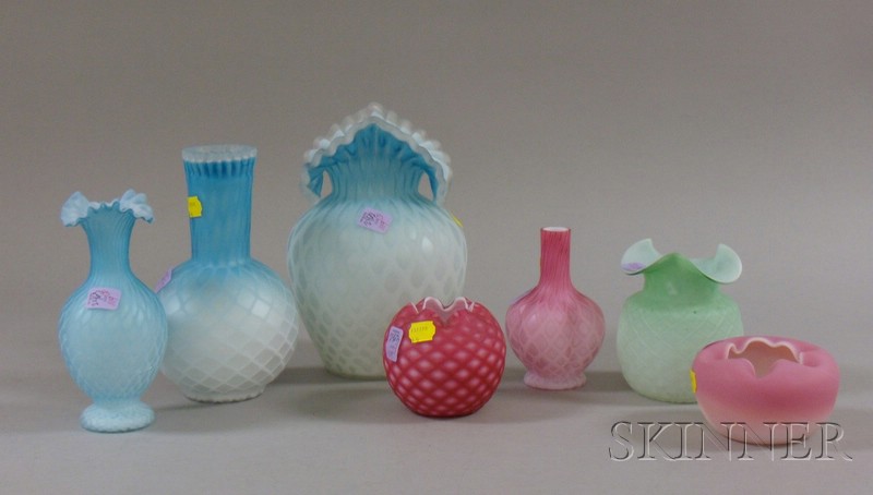 Appraisal: Seven Victorian Quilted Satin Art Glass Vases and Rose Bowls