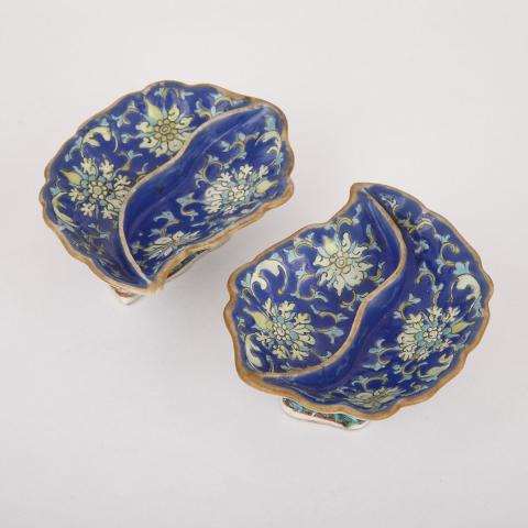 Appraisal: Pair of Blue-Ground Famille Rose Shaped Dishes Together with Six