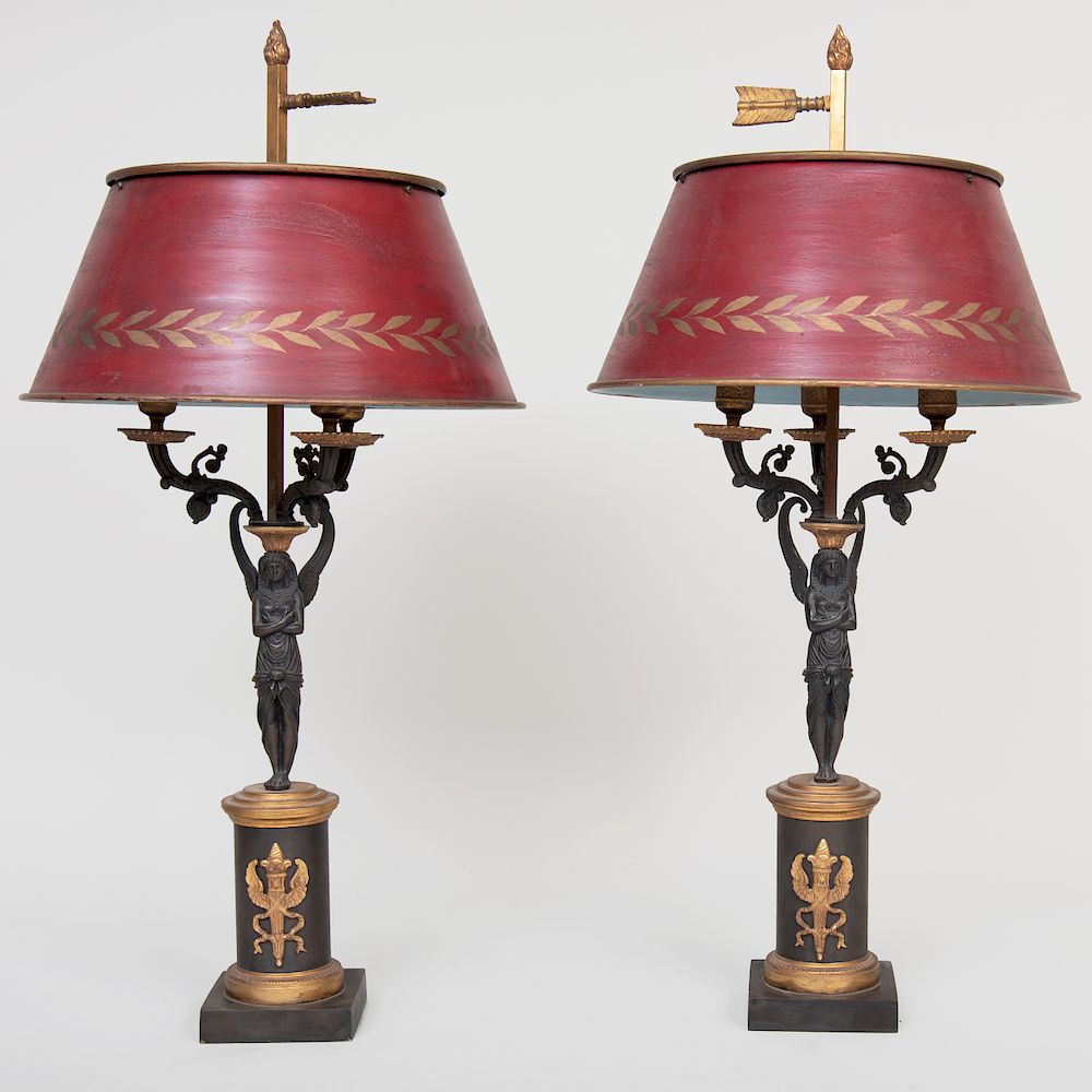 Appraisal: Pair of Empire Style Ormolu and Patinated Bronze Three-Light Lamps