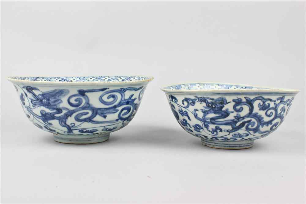 Appraisal: TWO BLUE AND WHITE DRAGON BOWLS MING DYNASTY the first