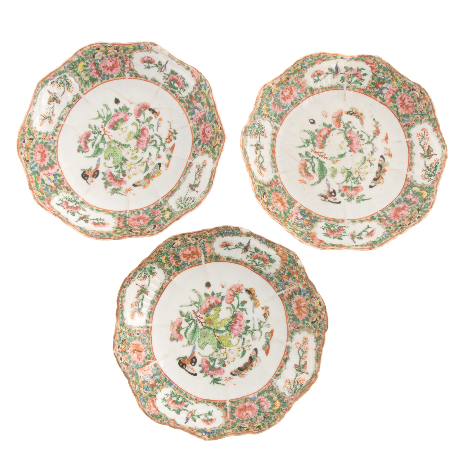 Appraisal: THREE CHINESE EXPORT ROSE CANTON PLATES Circa scalloped edge plate