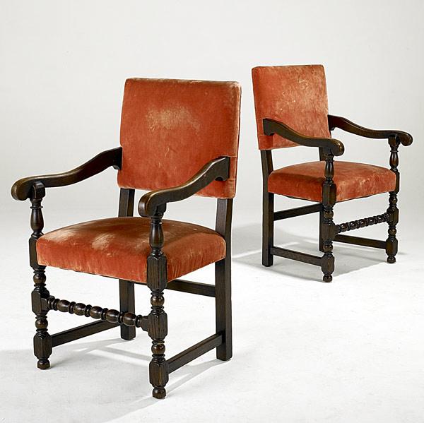 Appraisal: SPANISH COLONIAL Pair of arm chairs with upholstered seats and