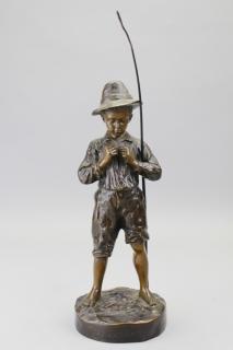 Appraisal: Antique Signed Bronze Boy w Fishing Pole Antique Signed Bronze