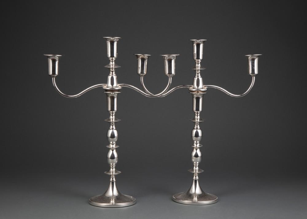 Appraisal: BALDWIN MILLER STERLING SILVER CANDELABRAPair of American Sterling Silver Three-Light