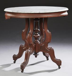 Appraisal: American Eastlake Carved Walnut Marble Top Center Table c the