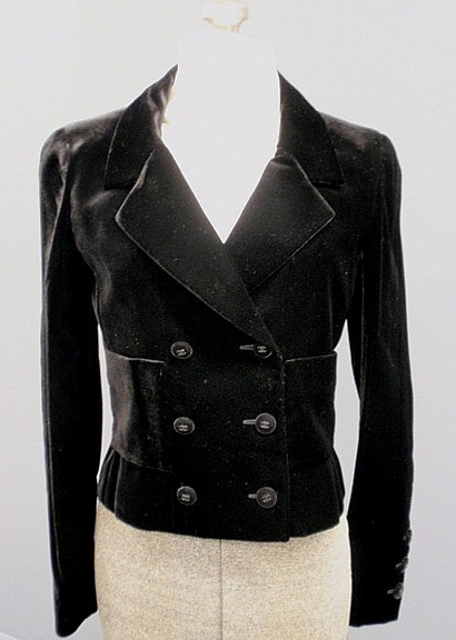 Appraisal: Chanel Boutique short black velvet double-breasted jacket with lapels silk