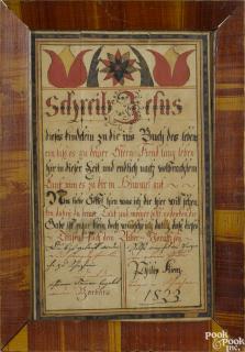 Appraisal: Ink and watercolor fraktur for Phillip Kienz dated retaining a