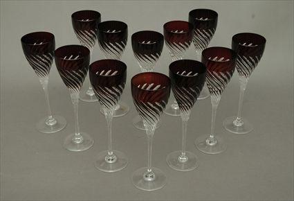 Appraisal: Set of Twelve Cut Ruby Overlay Wine Glasses Modern Each