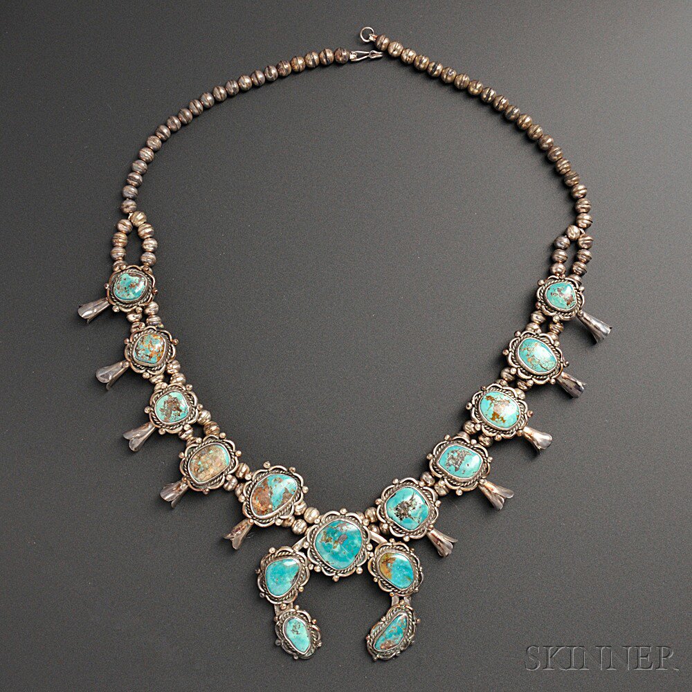 Appraisal: Southwest Silver and Stone Squash Blossom Necklace with machine-stamped beads