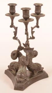 Appraisal: Brass Socket Candelabra with Dolphin Base Cast Brass Triple Socket