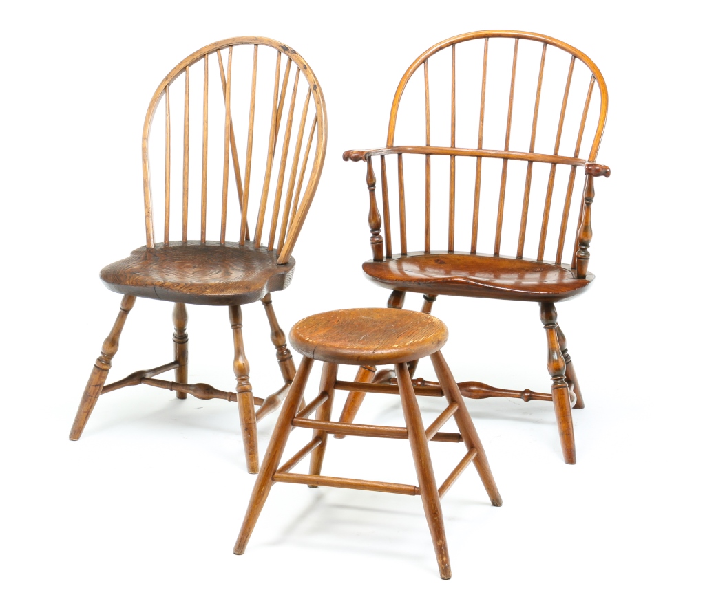 Appraisal: TWO WINDSOR CHAIRS AND A STOOL Nineteenth century American Sackback