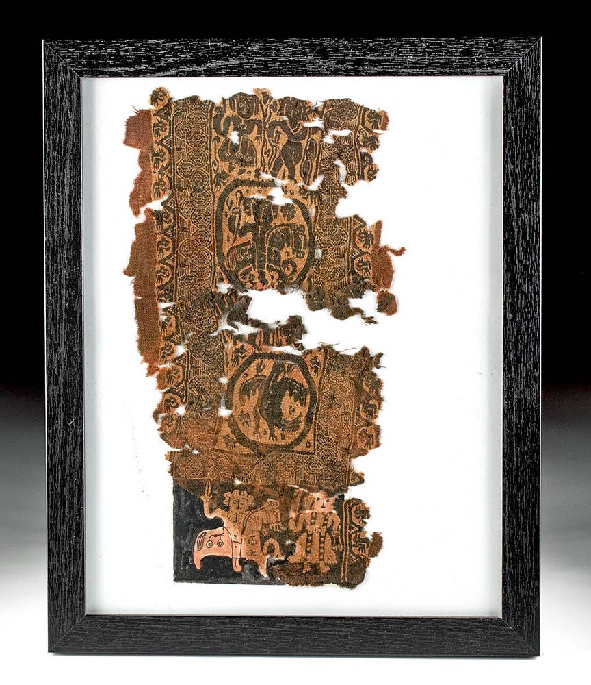 Appraisal: Framed Egyptian Coptic Textile Fragment Men Birds First Time At