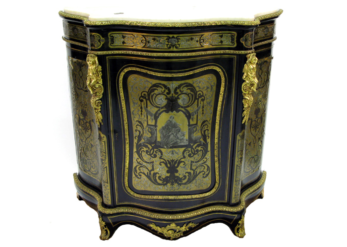 Appraisal: SERPENTINE EBONIZED BOULLE AND ORMOLU-MOUNTED SIDE CABINET French th century