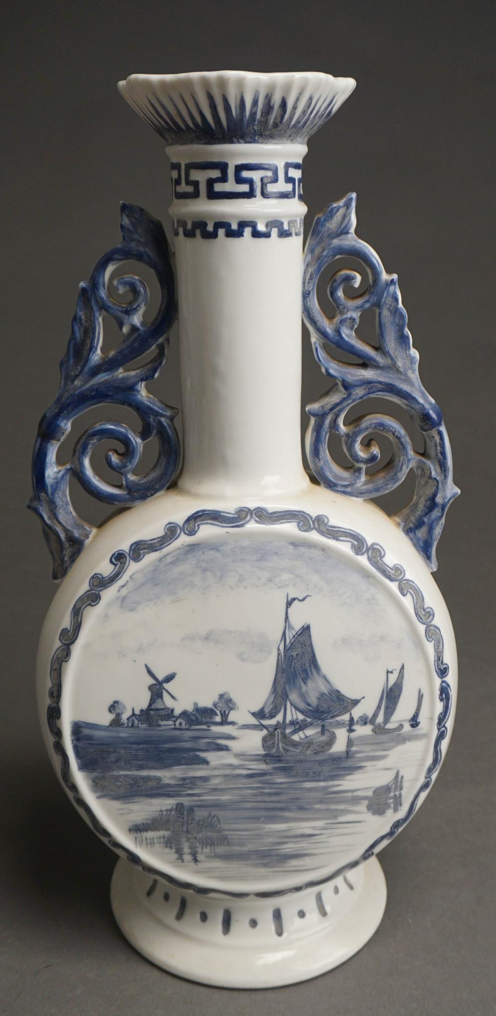 Appraisal: DELFT-TYPE BLUE AND WHITE PILGRAM FLASK-FORM TWO-HANDLE VASE MARKED A