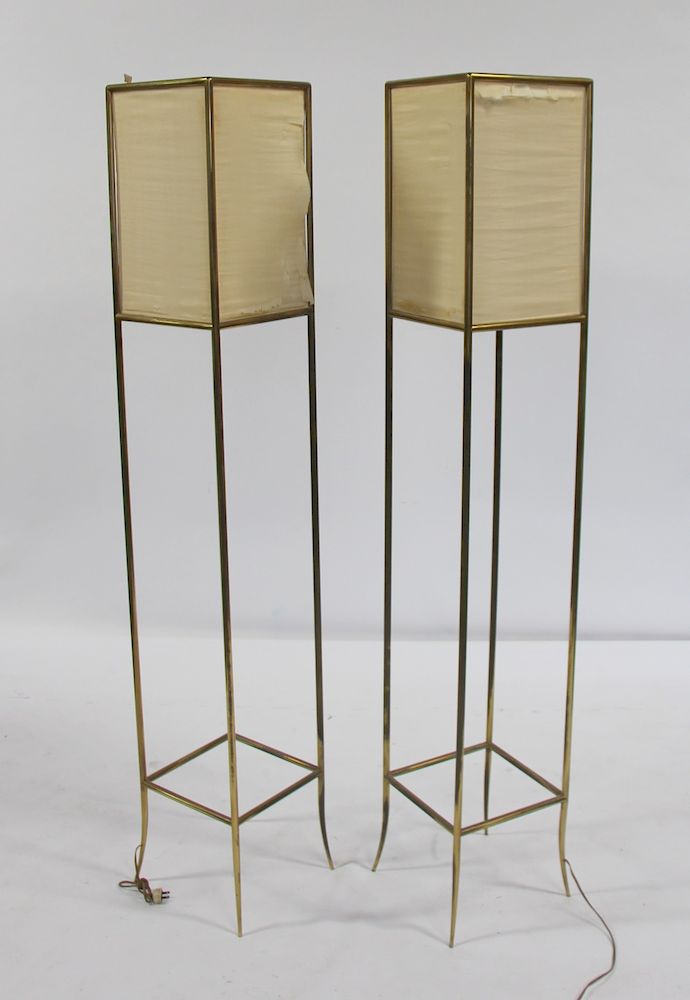 Appraisal: MIDCENTURY Pair Of Robsjohn Gibbings Brass Floor Lamps With Silk