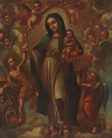 Appraisal: Framed oil on canvas painting Our Lady of Light depicting