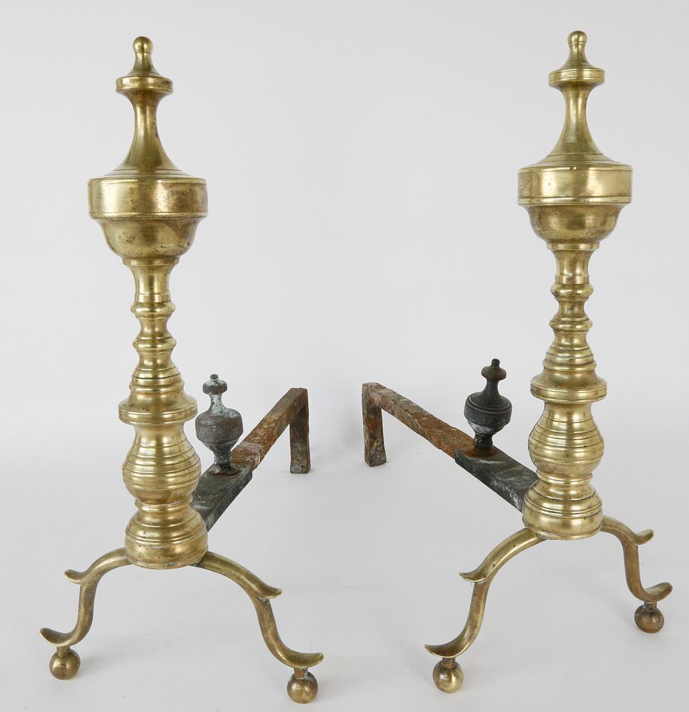 Appraisal: Pair of th Century Brass Multi Turned Finial Top Andirons