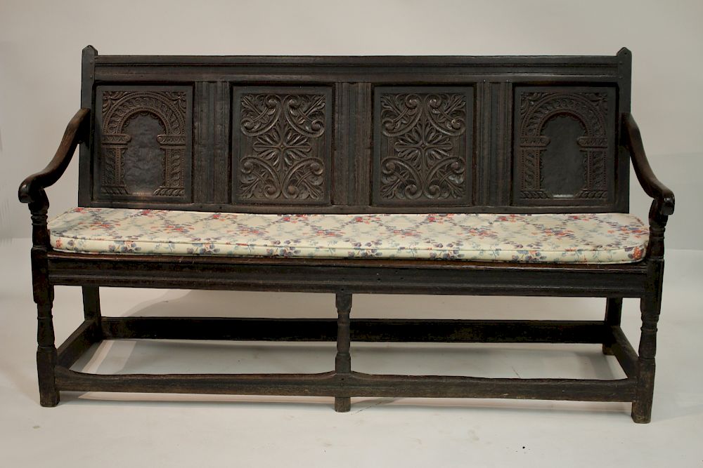 Appraisal: English Jacobean Carved Oak Hall Settee H x W x