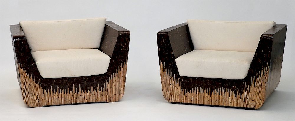 Appraisal: PR MCM Coconut Shell Bamboo Veneer Club Chairs United States