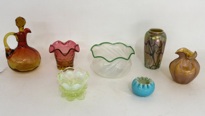 Appraisal: SEVEN PIECES STUDIO ART GLASS including one cruet small bowl