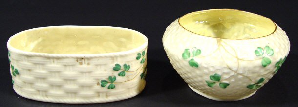 Appraisal: Two Belleek porcelain dishes painted with clover leaves onto basketwoven