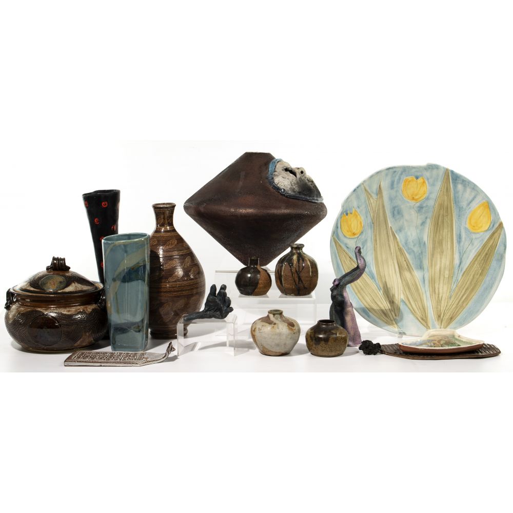 Appraisal: STUDIO POTTERY ASSORTMENT items including vases lidded bowls platters trinket