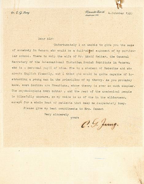 Appraisal: JUNG CARL GUSTAV - Typed Letter Signed C G Jung