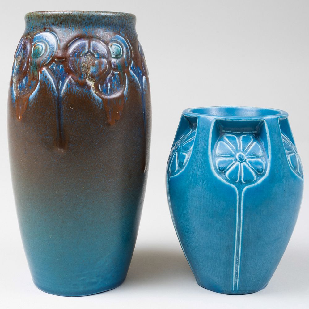 Appraisal: Two Rookwood Pottery Blue Glazed Vases Molded with Stylized Flowers