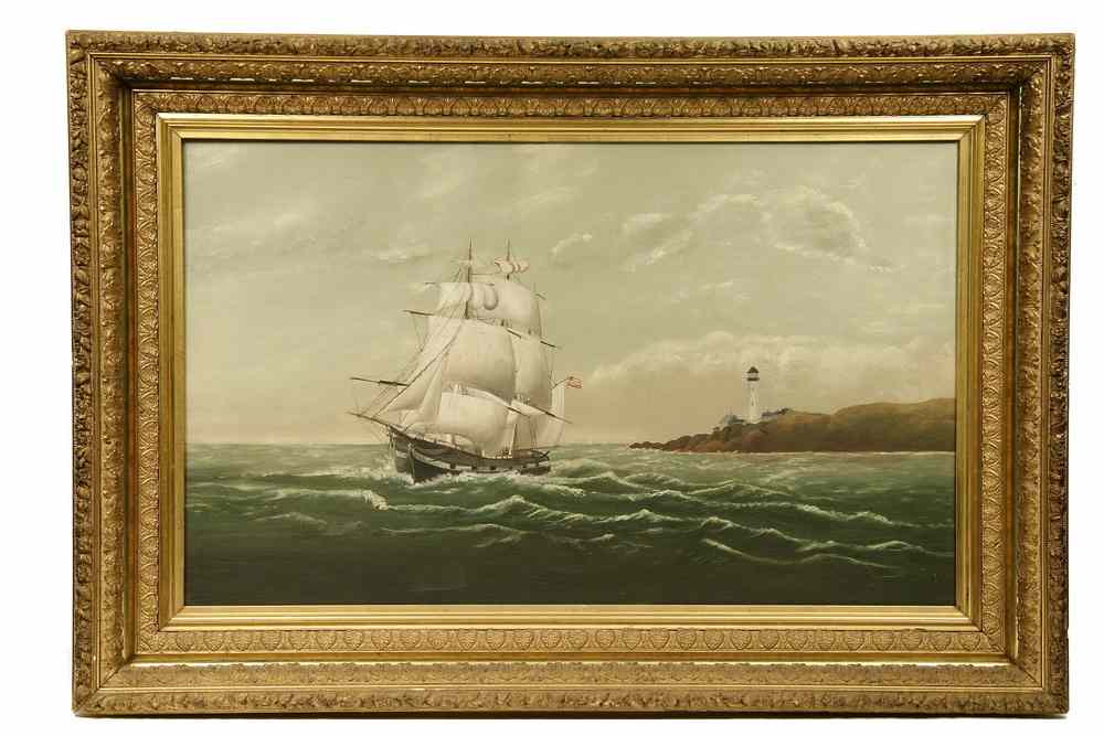 Appraisal: OOC - Sailing Ship Rounding Headland with Lighthouse on Point