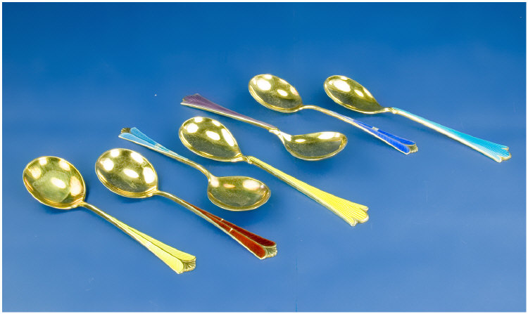 Appraisal: David Anderson Seven Silver Gilt and Enamel Spoons Marked Norway