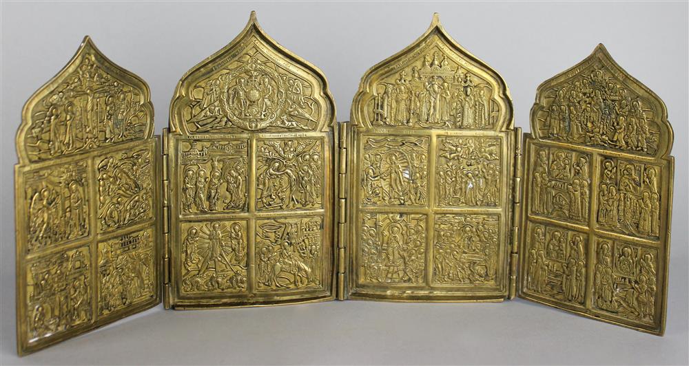 Appraisal: RUSSIAN BRONZE FOUR-PANEL HINGED ICON each panel composed of four