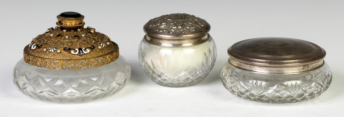 Appraisal: Three Cut Glass Dresser Jars Two have sterling tops one