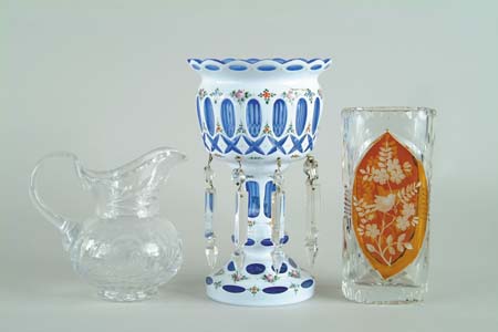 Appraisal: THREE PIECES OF TH CENTURY DECORATIVE GLASS cut glass vase