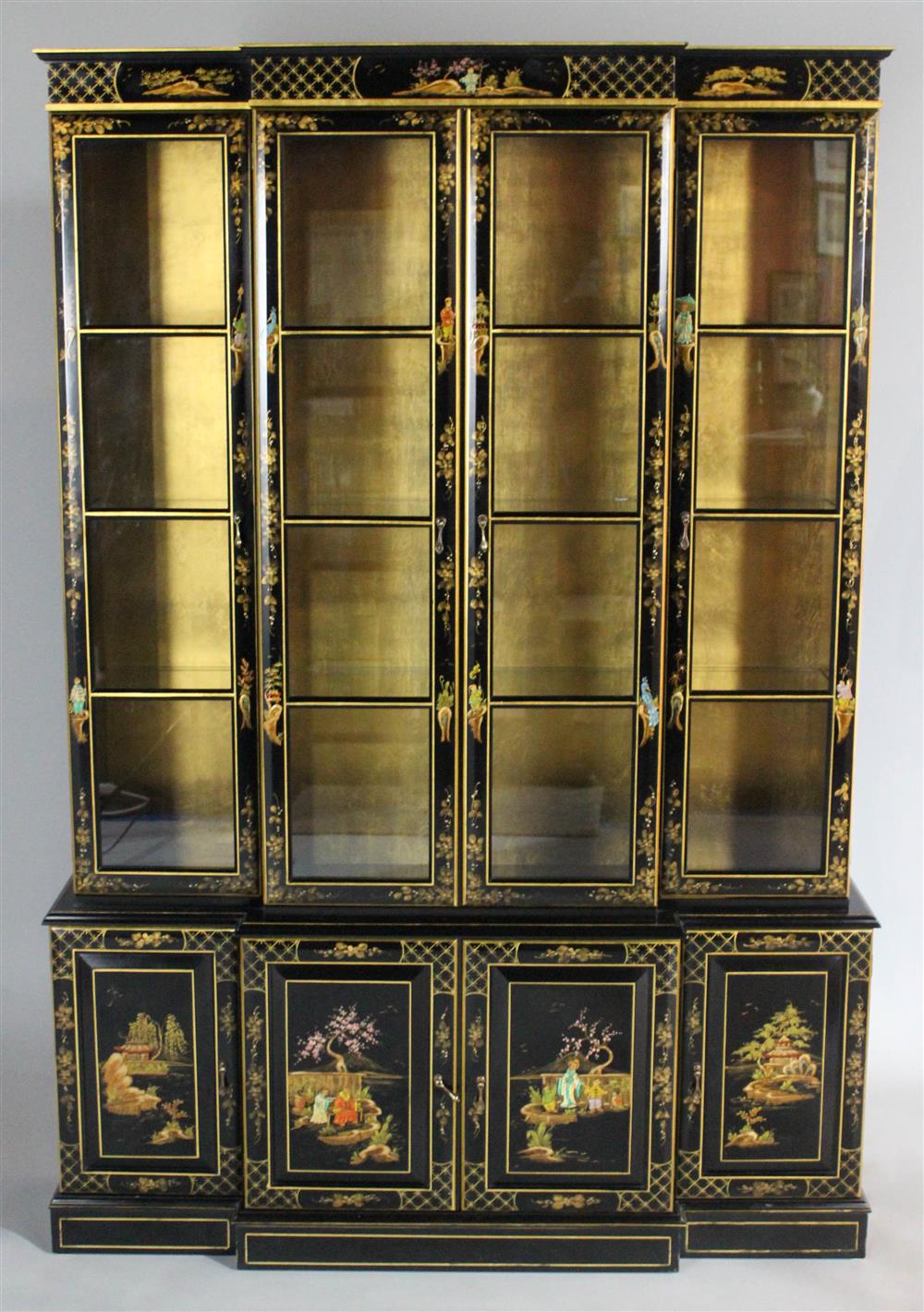 Appraisal: CHIPPENDALE STYLE CHINOISERIE BLACK PAINTED BREAKFRONT with glass inset doors