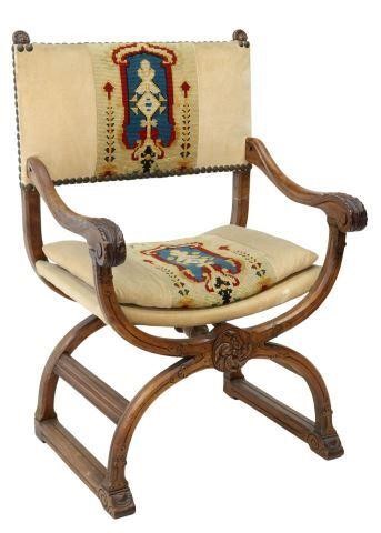 Appraisal: Italian curule armchair late th c having carved walnut frame