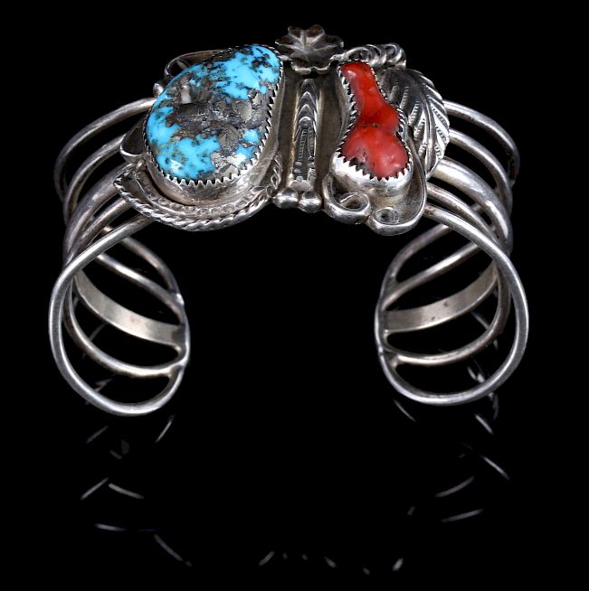 Appraisal: Navajo Morenci Turquoise Sterling Coral Cuff Featured for bidding in