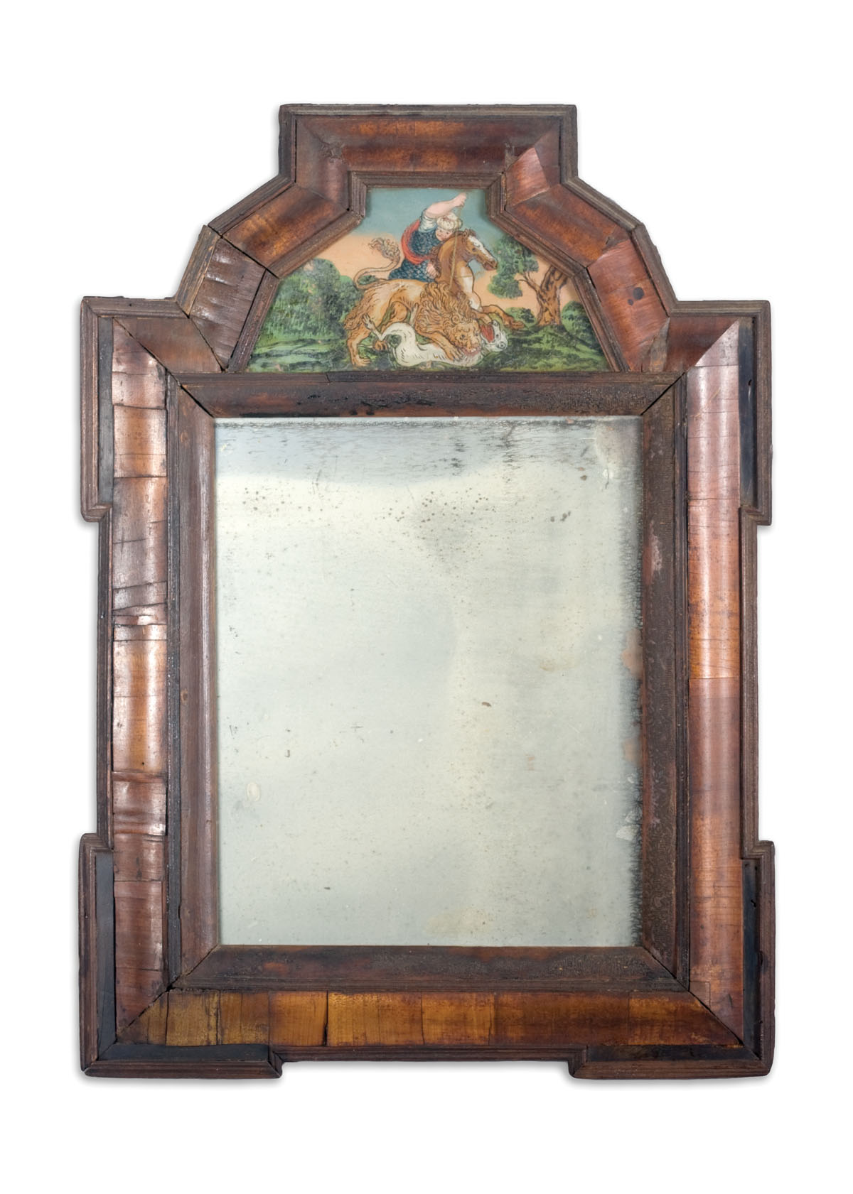 Appraisal: QUEEN ANNE PAINTED AND VENEERED COURTING MIRROR With painted hunting